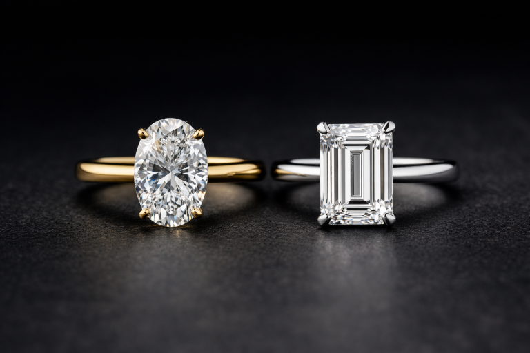 Oval-cut diamond engagement ring in yellow gold setting and emerald-cut diamond engagement ring in white gold setting, showcasing popular diamond shapes for engagement rings.