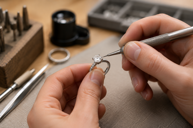 Jeweler repairing a diamond engagement ring at Berman Jewelers in Cherry Hill NJ